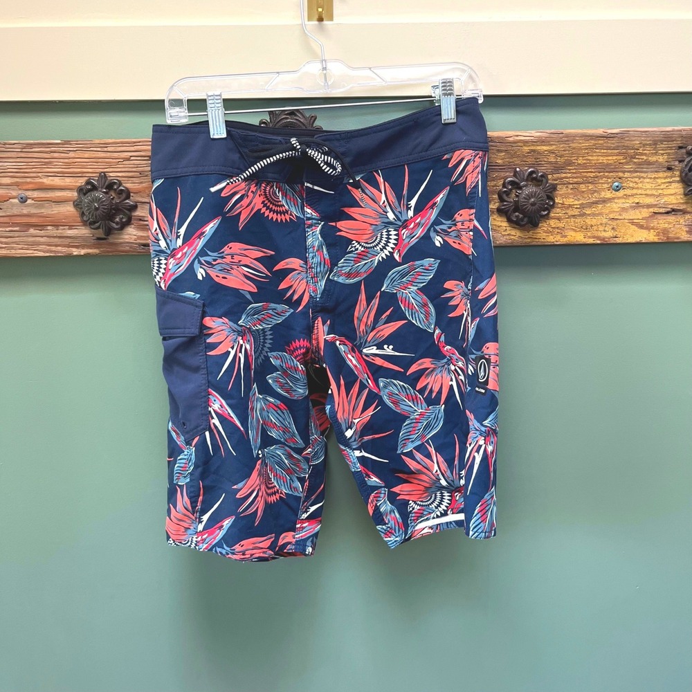 Volcom‎ Mens Board Shorts 29 Navy Blue Floral Bird of Paradise Swim Trunks Cargo